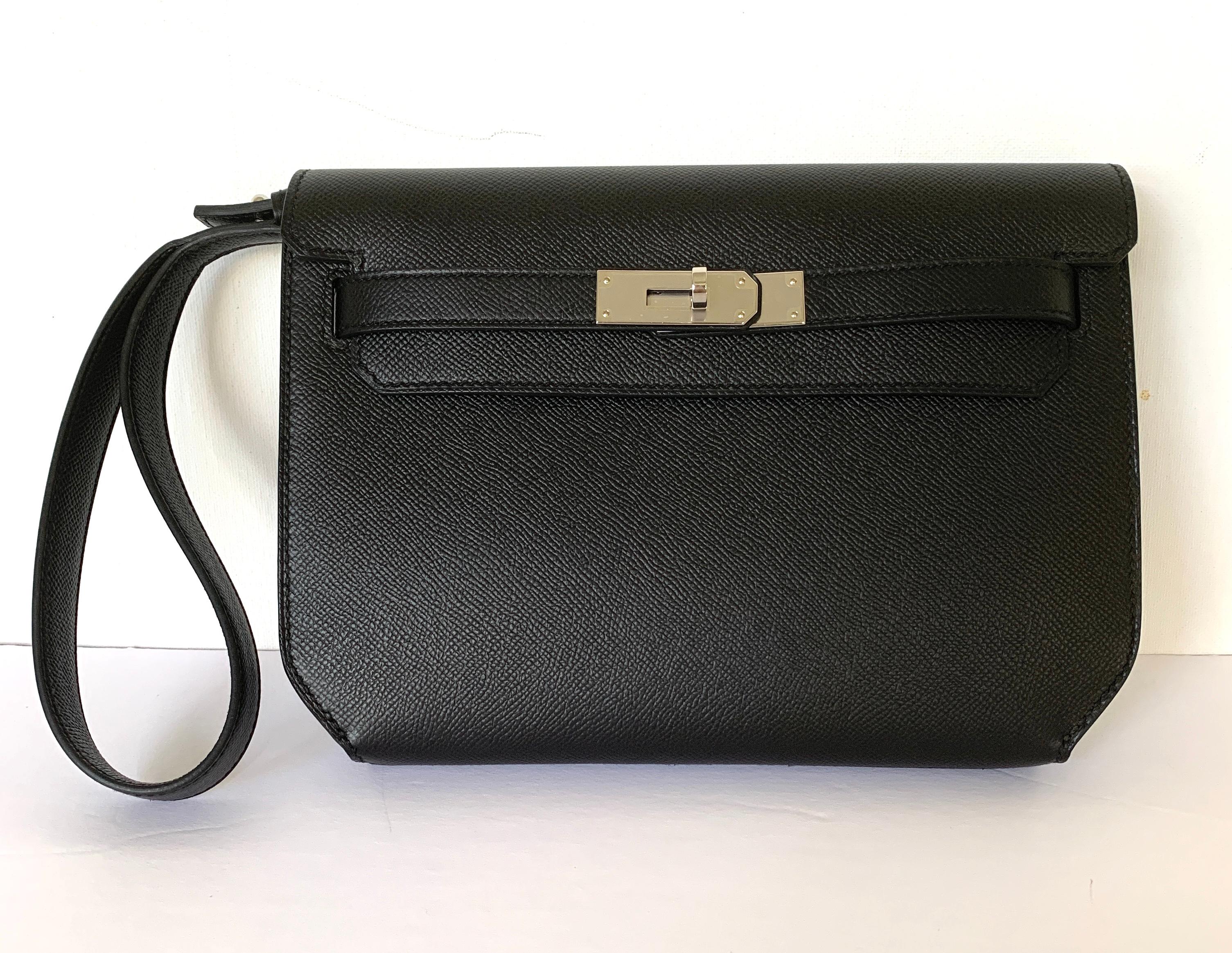 Hermes Kelly Depeche Black Pochette Epsom 25 Palladium 1