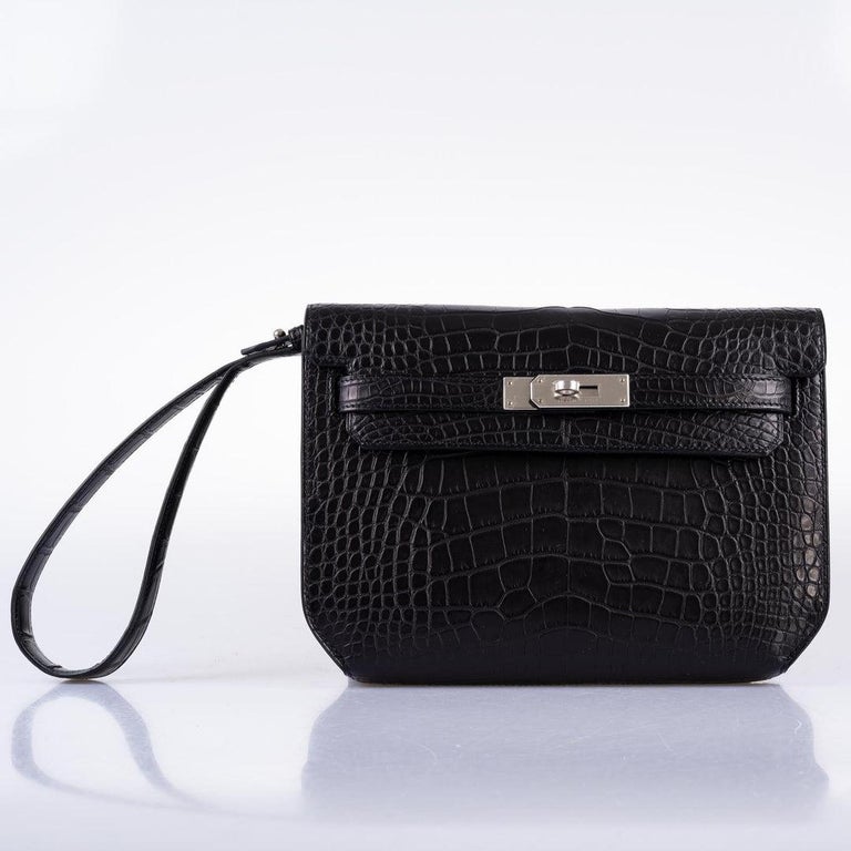 Hermès Kelly Depeches 25 Pochette Black Matte Alligator Palladium Hard
