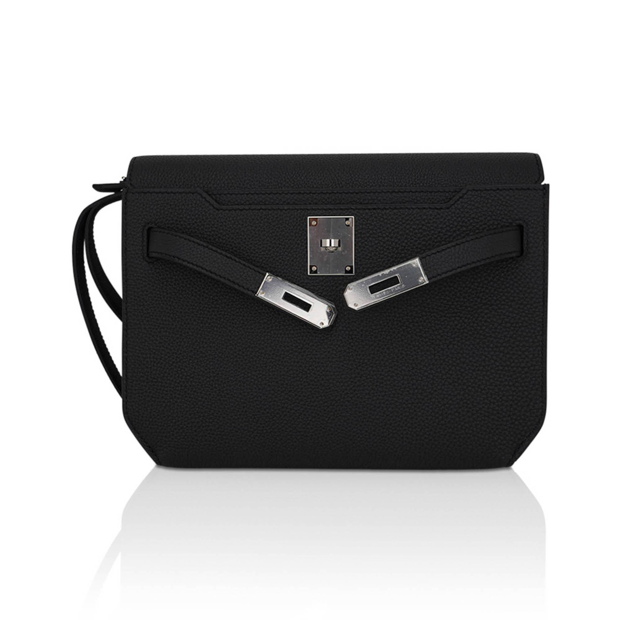 Hermes Kelly Depeches 25 Pouch Bag Black Galop D'Hermes Leather with Palladium H In New Condition For Sale In Miami, FL