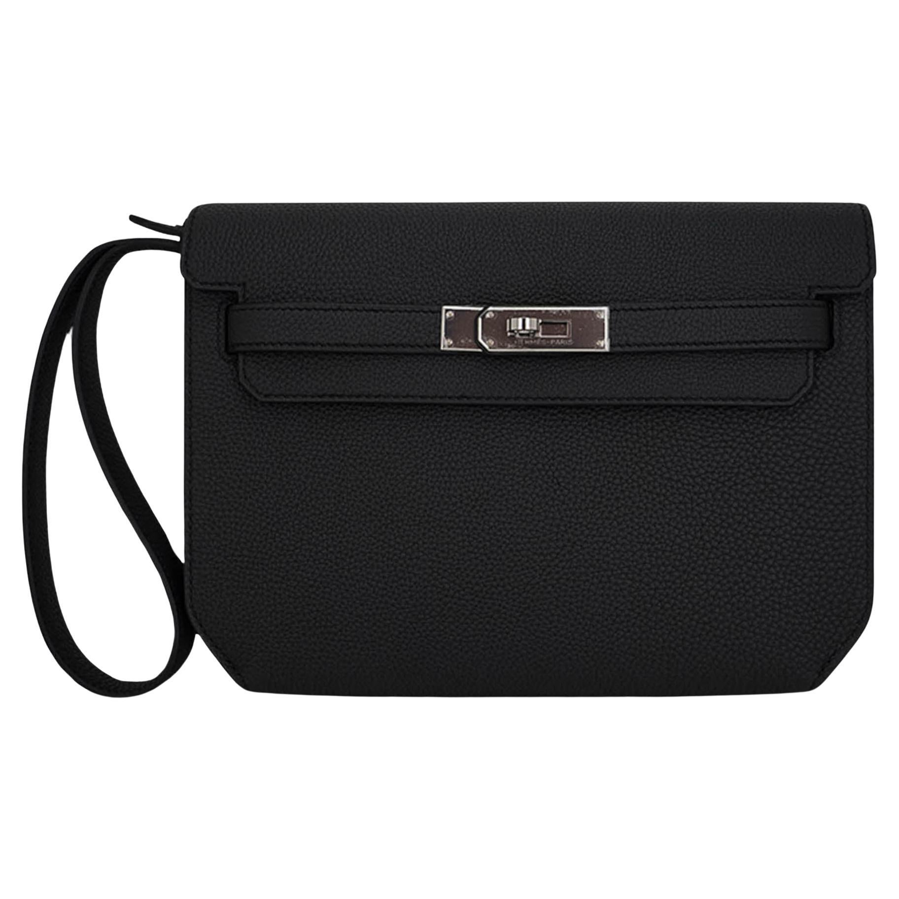 Hermes Kelly Depeches 25 Pouch Bag Black Galop D'Hermes Leather with Palladium H For Sale