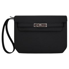 Hermes Kelly Depeches 25 Pouch Bag Black Galop D'Hermes Leather with Palladium H
