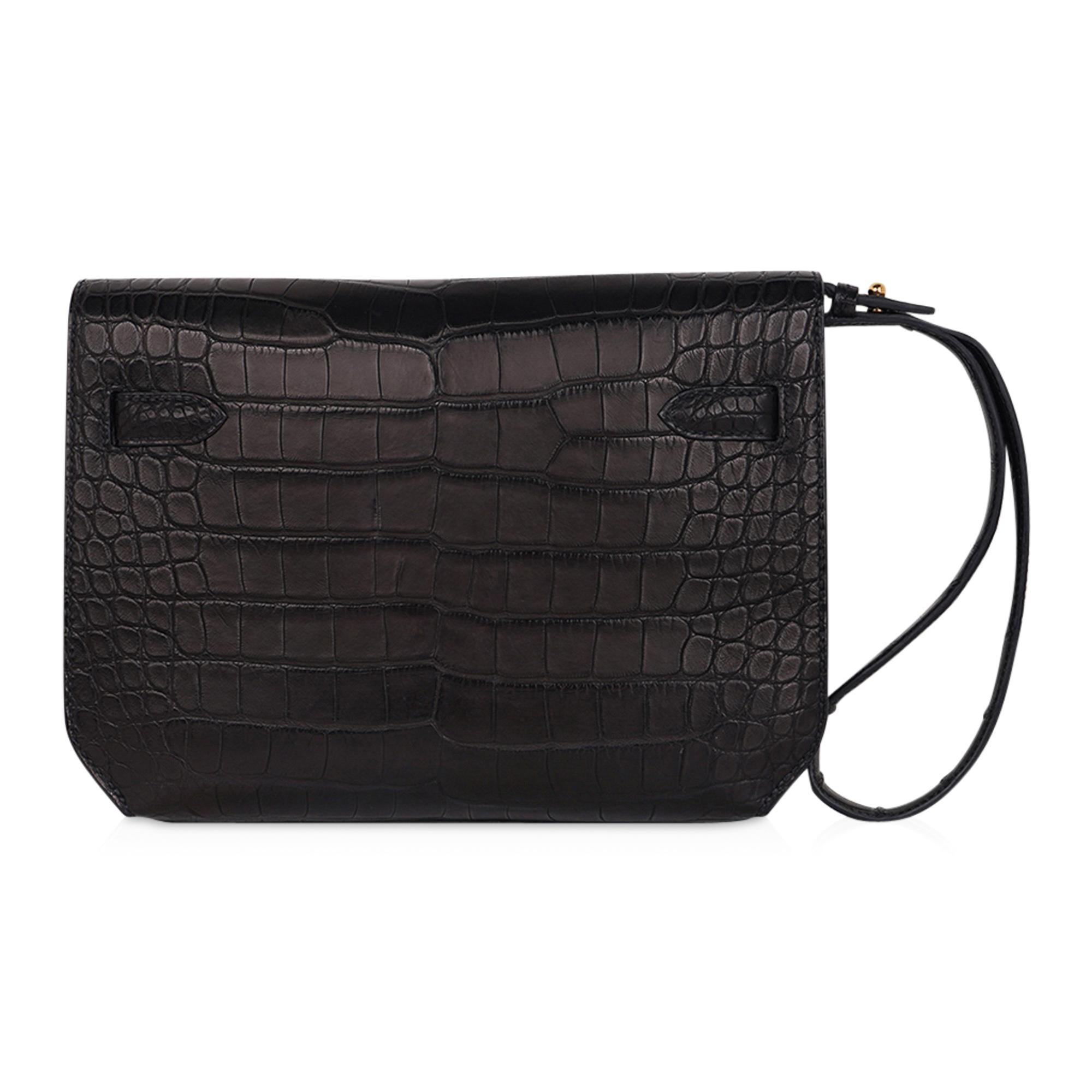 Hermes Kelly Depeches 25 Pouch Schwarz Matt Alligator Gold Hardware Neu 7