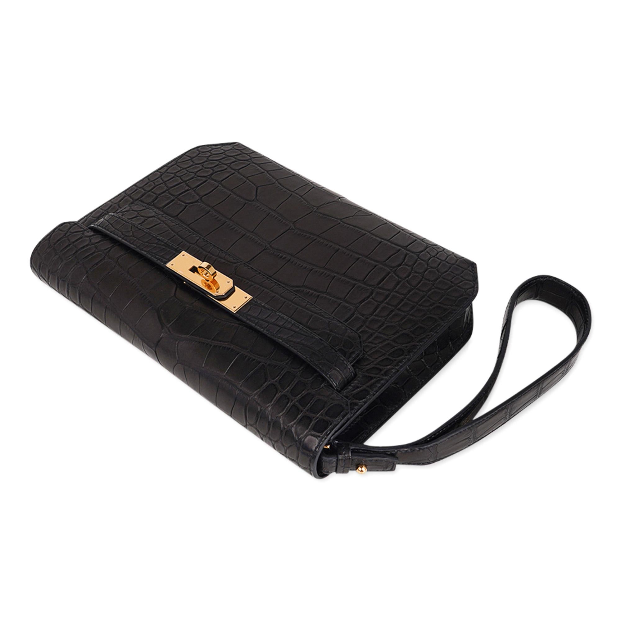 Hermes Kelly Depeches 25 Pouch Schwarz Matt Alligator Gold Hardware Neu 1