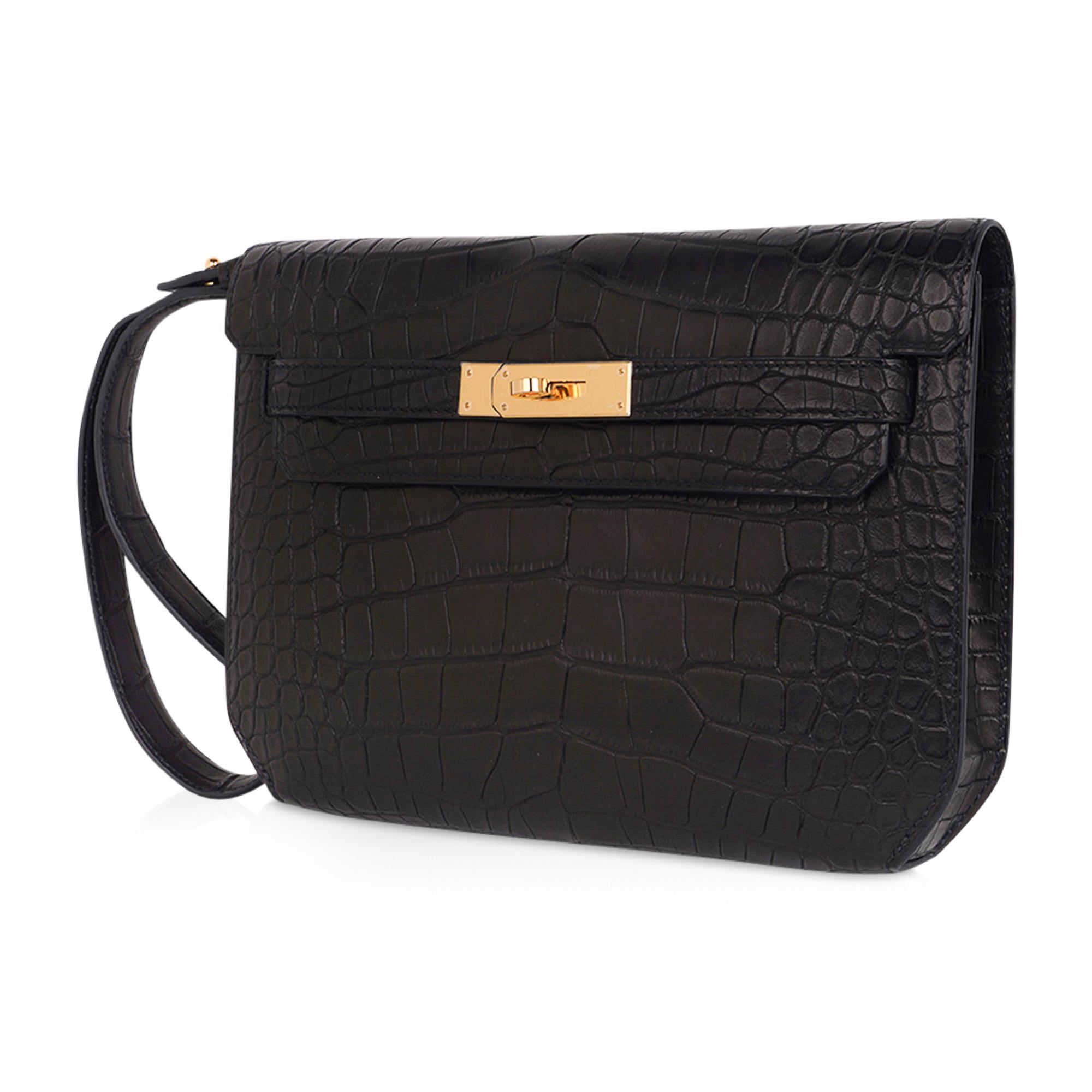 Hermes Kelly Depeches 25 Pouch Schwarz Matt Alligator Gold Hardware Neu 2