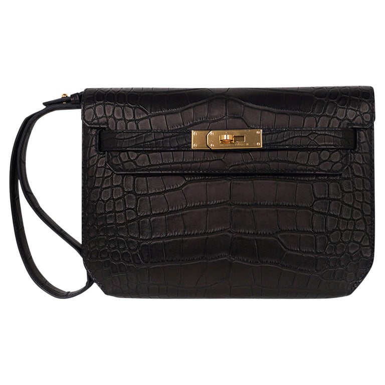 Hermes Kelly Depeches 25 Pouch Black Matte Alligator Gold Hardware