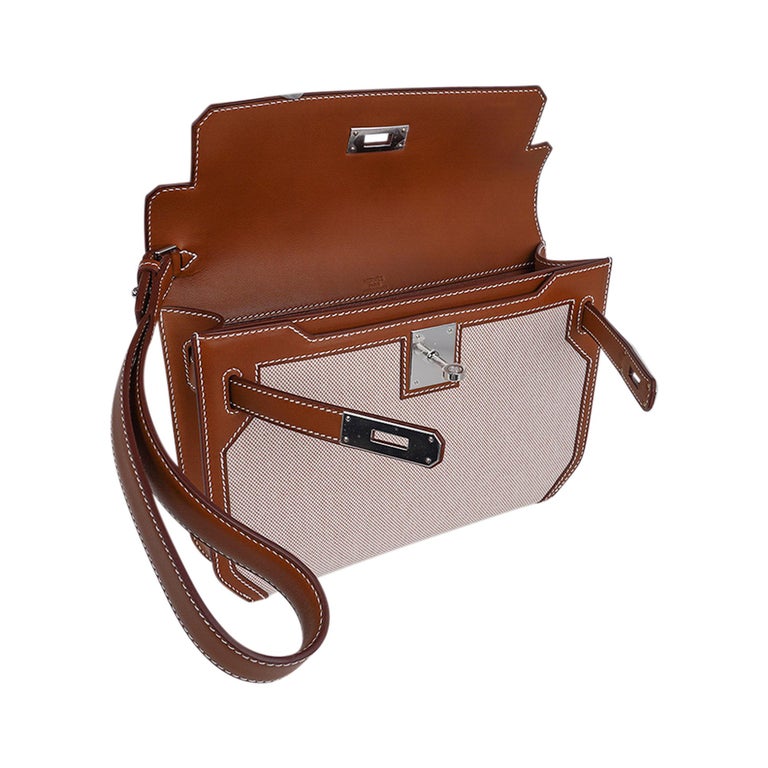 Hermes pochette kelly depeches 25 canvas / barenia ecru beige / fauve