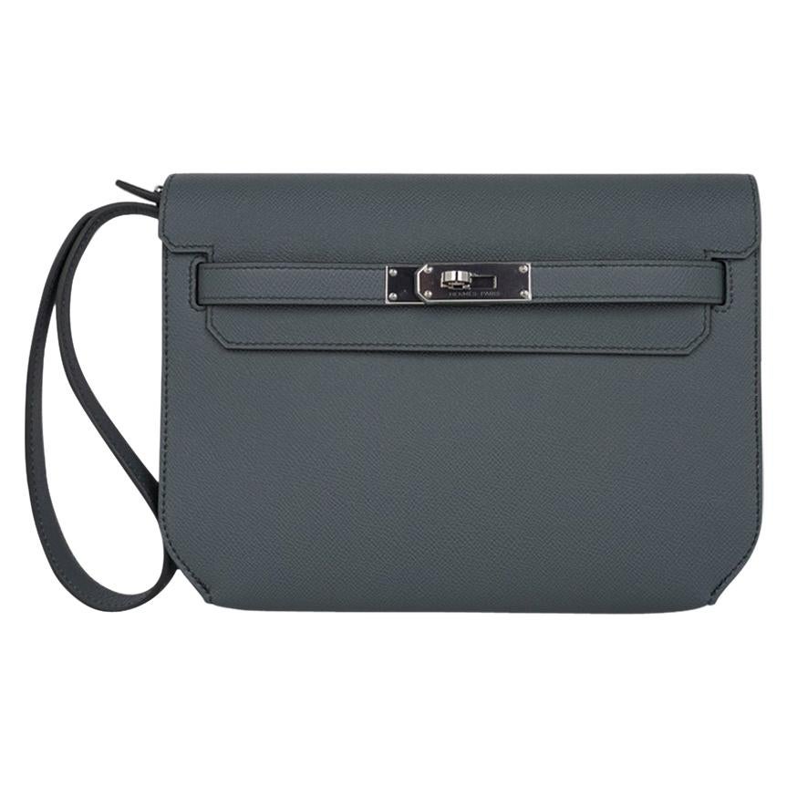 Pre-owned Hermes Kelly Depeches 25 Pouch Vert Amande Epsom Palladium  Hardware New In Grey
