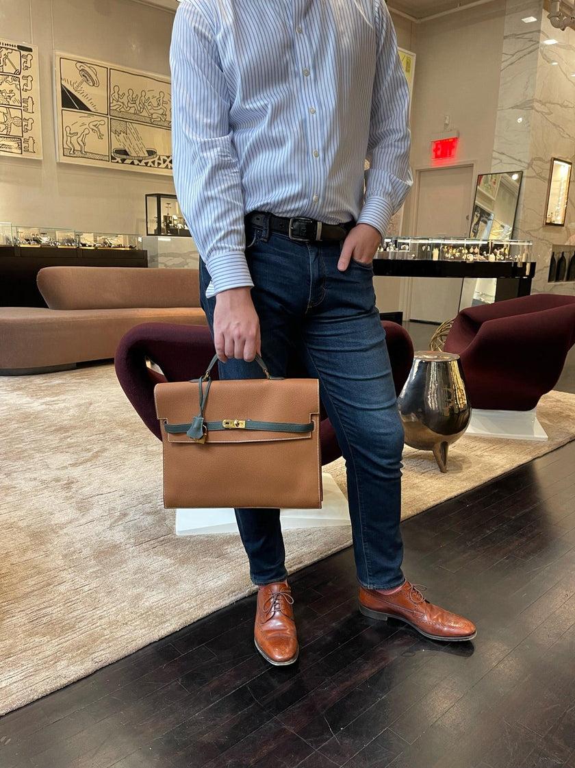 Herm s Kelly Depeches 34 HSS Briefcase Gold and Vert Cypress Clemence
