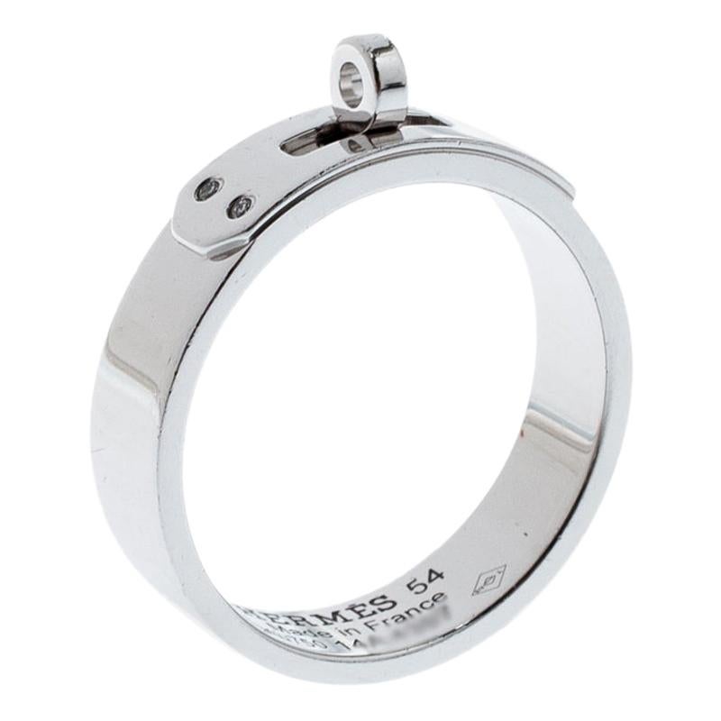 Hermes Kelly Diamond 18k White Gold Band Ring Size 54