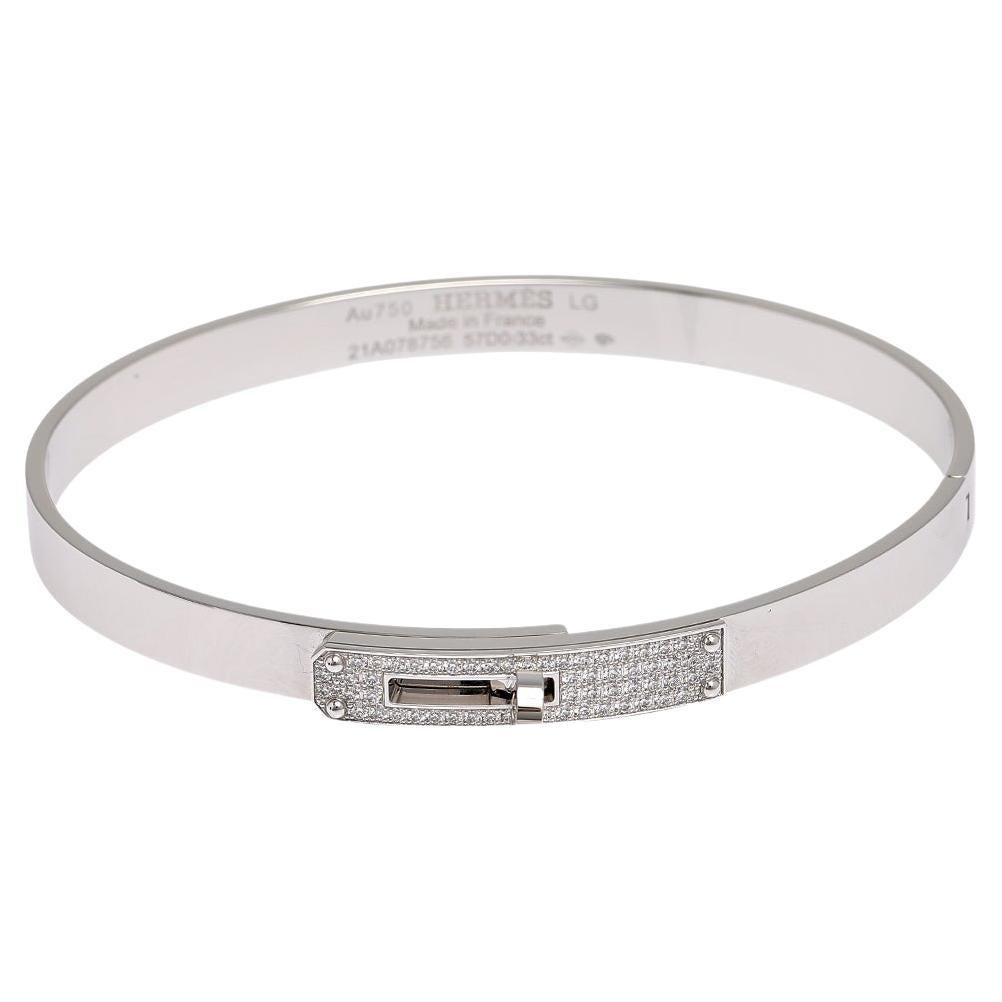 Hermes Kelly Diamond 18k White Gold Cuff Bracelet LG