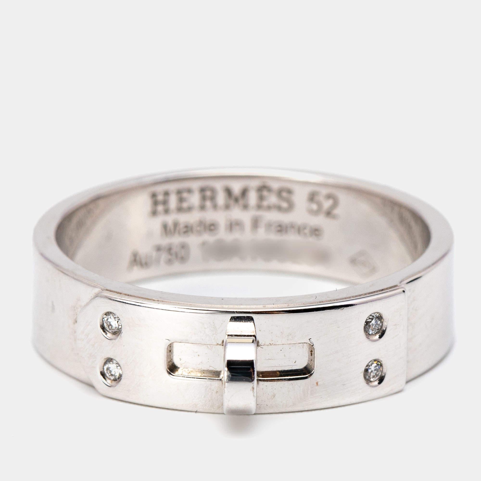 Contemporary Hermes Kelly Diamond 18k White Gold Small Model Ring Size 52