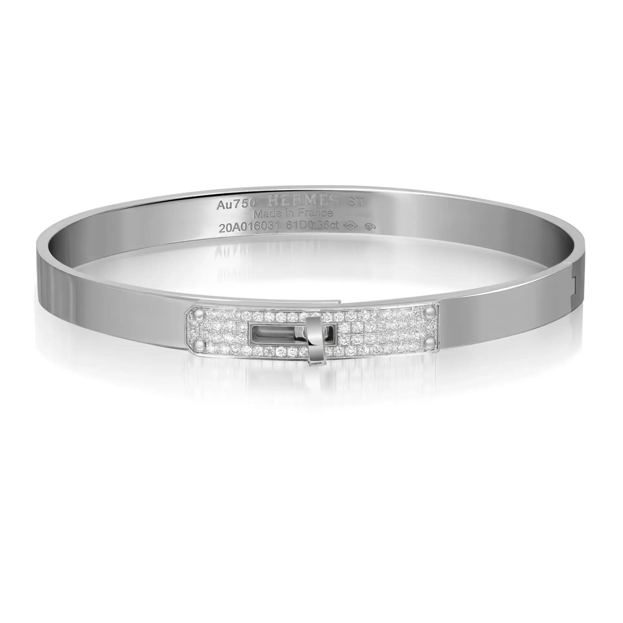 Hermes Kelly Diamond Bangle Bracelet Small Model 18K White Gold 0.36Cttw For Sale