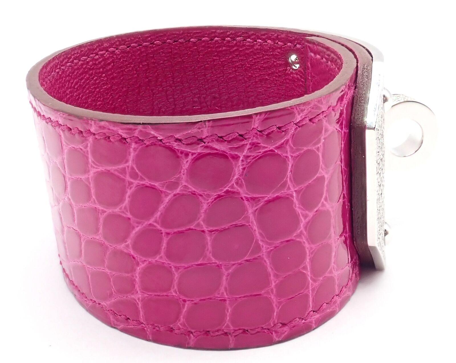 18k White Gold Diamond Kelly  Fuchsia Crocodile Wide Cuff  Bangle Bracelet by Hermes. 
With 493 Round brilliant cut diamonds VVS1 clarity, E color total weight approximately 6.75ct
This bracelet comes with original Hermes box.
Details: 
Length: