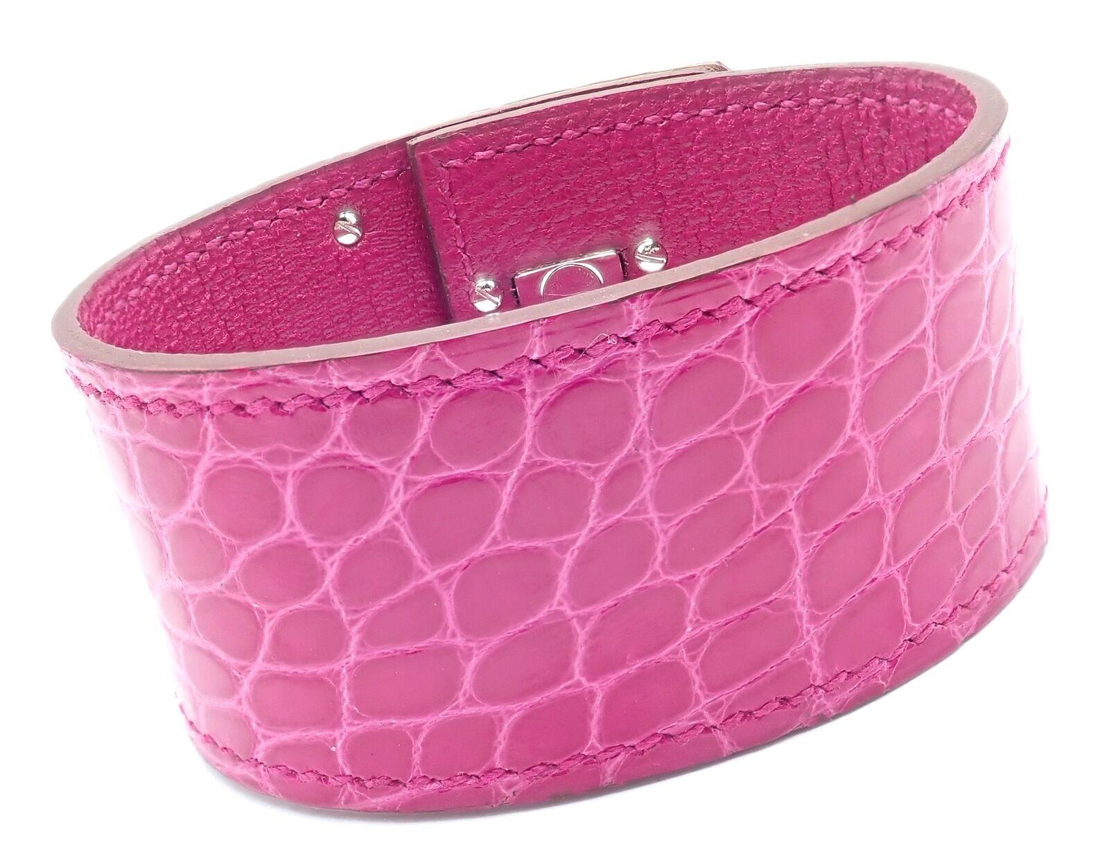 Hermes Kelly Diamond Fuchsia Crocodile Wide Cuff White Gold Bangle Bracelet In Excellent Condition In Holland, PA