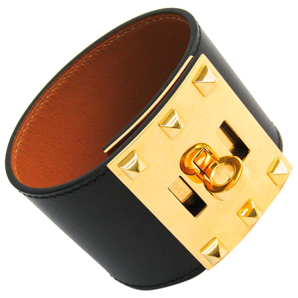 Hermes Kelly Dog Black Leather Gold Plated Wide Bracelet S