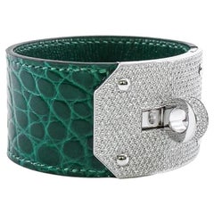 Hermes Kelly Dog Bracelet in Emerald Crocodile White Gold Diamond Hardware
