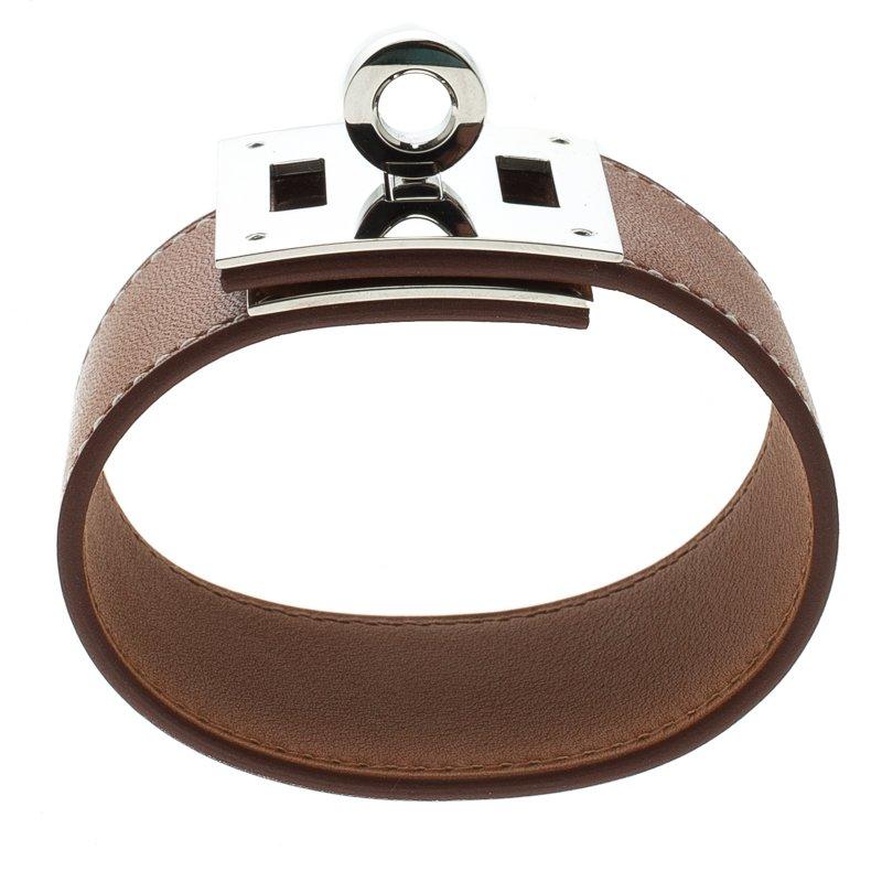 Contemporary Hermes Kelly Dog Brown Leather Palladium Plated Wide Bracelet