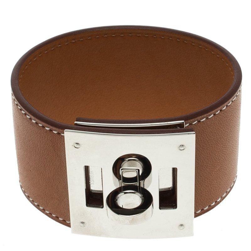 Hermes Kelly Dog Brown Leather Palladium Plated Wide Bracelet 1