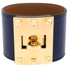 Hermes Kelly Dog Extreme Blue Leather Gold Plated Wide Bracelet S