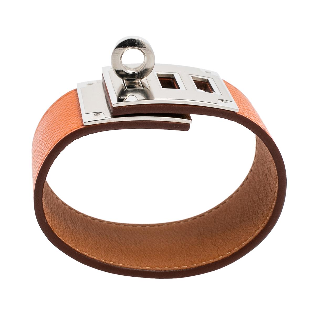 Hermes Kelly Dog Orange Epsom Leather Palladium Plated Wide Bracelet In Good Condition In Dubai, Al Qouz 2