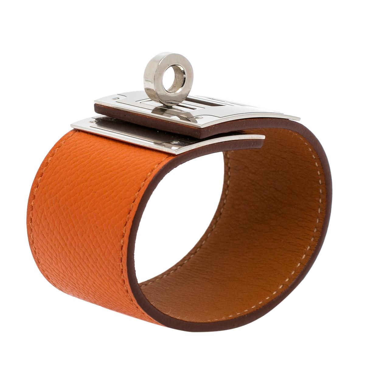 Women's Hermes Kelly Dog Orange Epsom Leather Palladium Plated Wide Bracelet
