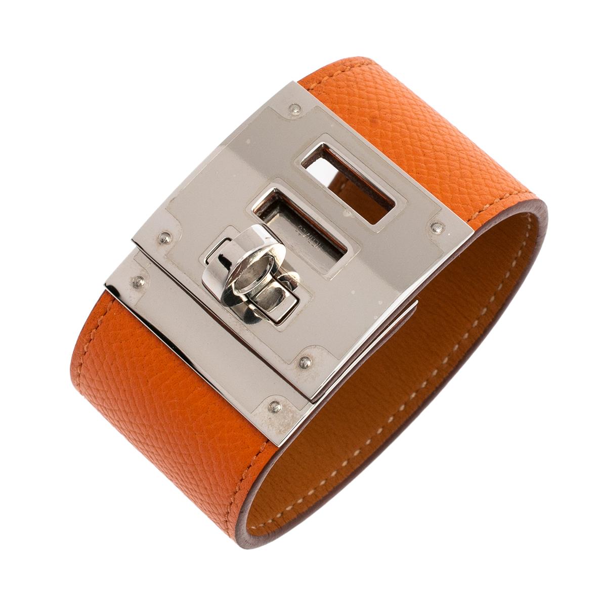 Hermes Kelly Dog Orange Epsom Leather Palladium Plated Wide Bracelet 1