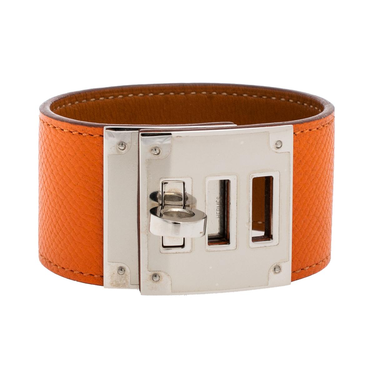 Hermes Kelly Dog Orange Epsom Leather Palladium Plated Wide Bracelet