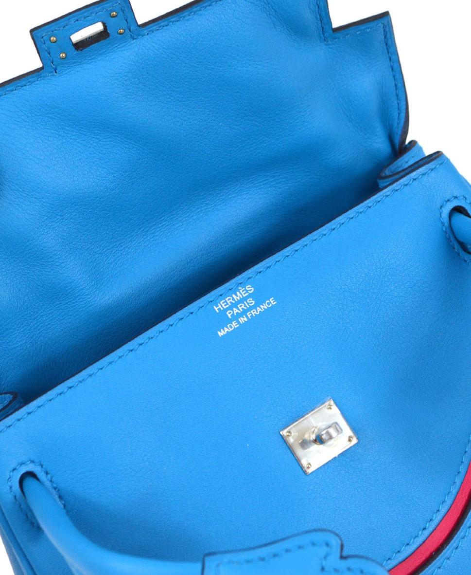 Women's HERMES Kelly Doll Blue Pink Swift Leather Palladium Small Mini Top Handle Bag