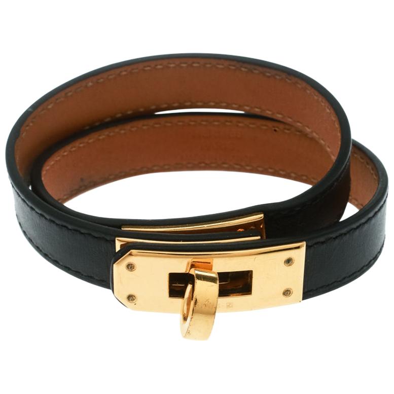 Hermes Kelly Double Tour Black Leather Gold Plated Wrap Bracelet M For ...