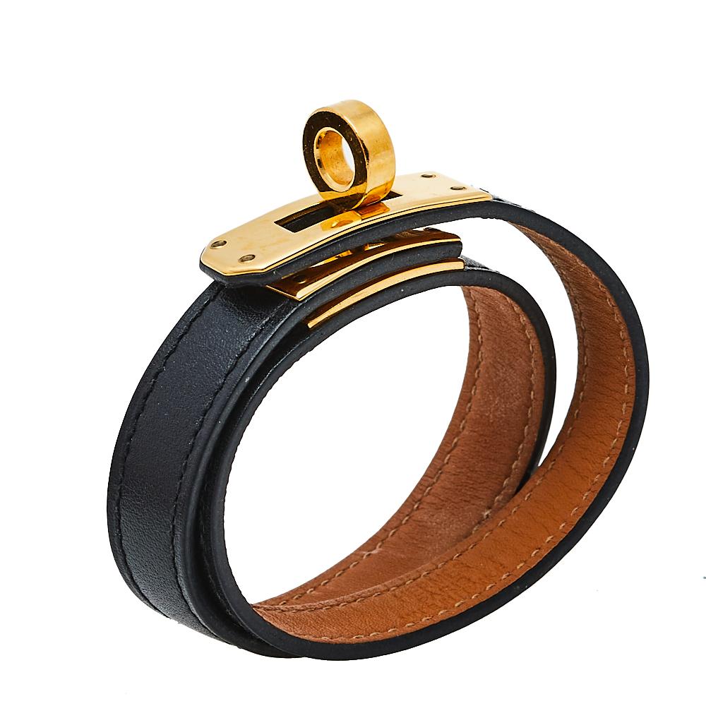 Women's Hermès Kelly Double Tour Black Leather Gold Plated Wrap Bracelet S