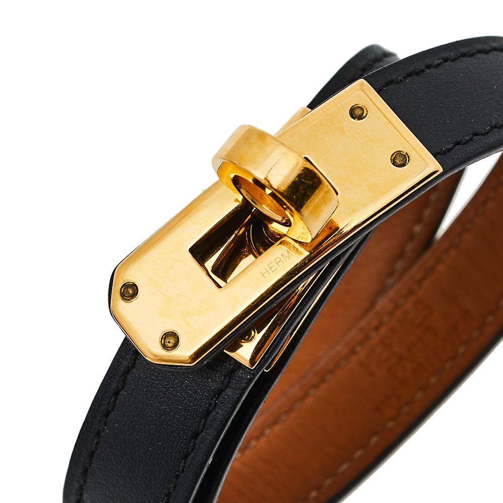 Hermès Kelly Double Tour Black Leather Gold Plated Wrap Bracelet S 2