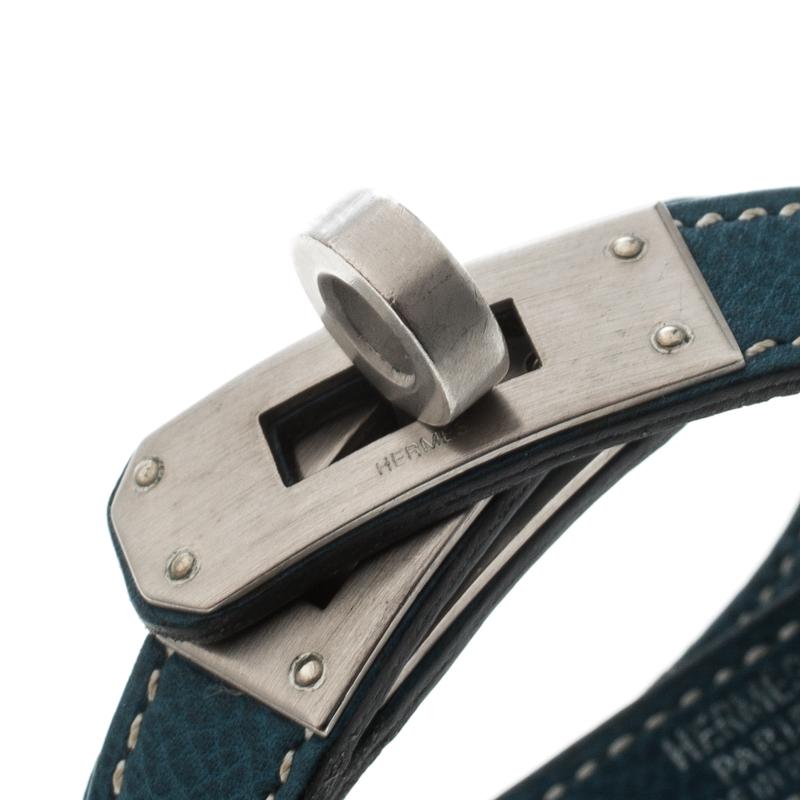 Women's Hermes Kelly Double Tour Blue Leather Palladium Plated Wrap Bracelet