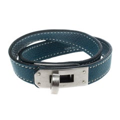 Hermes Kelly Double Tour Blue Leather Palladium Plated Wrap Bracelet