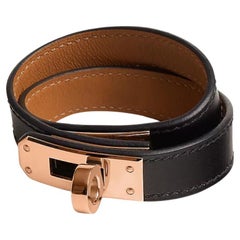 Bracelet Kelly double tour Hermès en cuir de veau noir, taille T1 14,5 cm