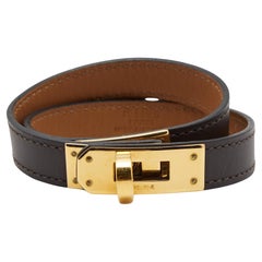 Hermes Kelly Double Tour Brown Leather Gold Tone Wrap Bracelet S