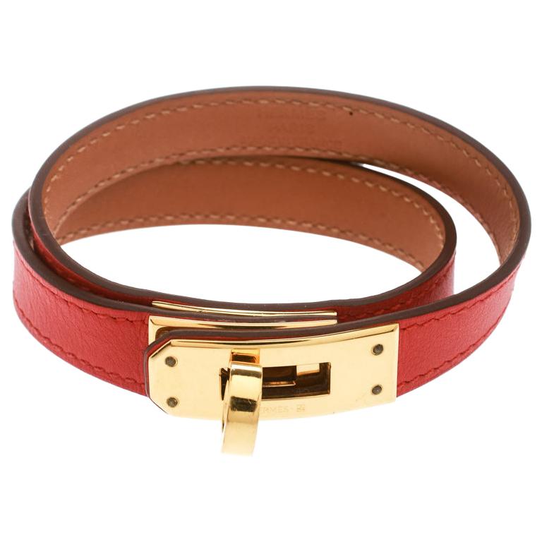Hermes Kelly Double Tour Orange Leather Gold Plated Wrap Bracelet M For