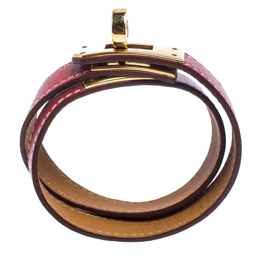 Contemporary Hermes Kelly Double Tour Red Leather Gold Plated Wrap Bracelet