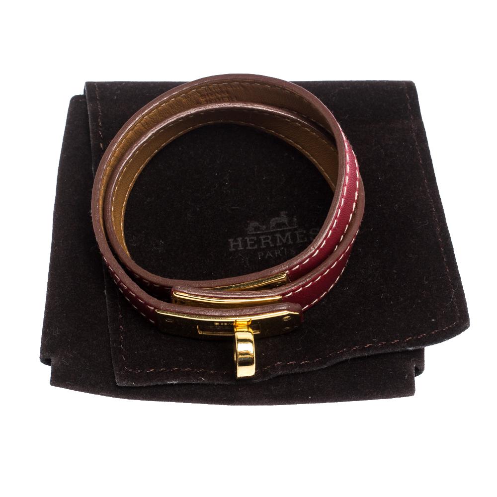Hermes Kelly Double Tour Red Leather Gold Plated Wrap Bracelet 1