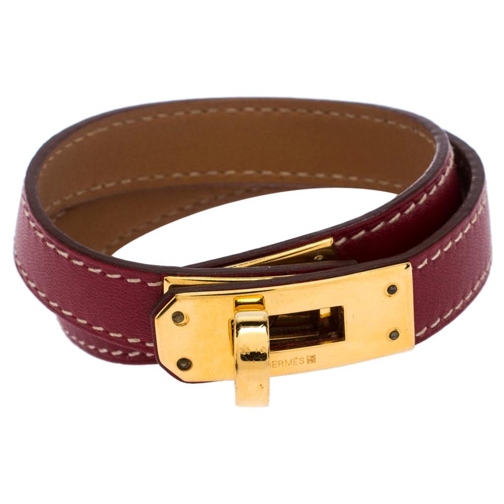 Hermes Kelly Double Tour Red Leather Gold Plated Wrap Bracelet