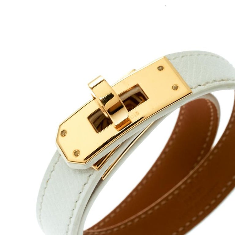 Hermes Kelly Double Tour White Leather Gold Plated Wrap Bracelet For