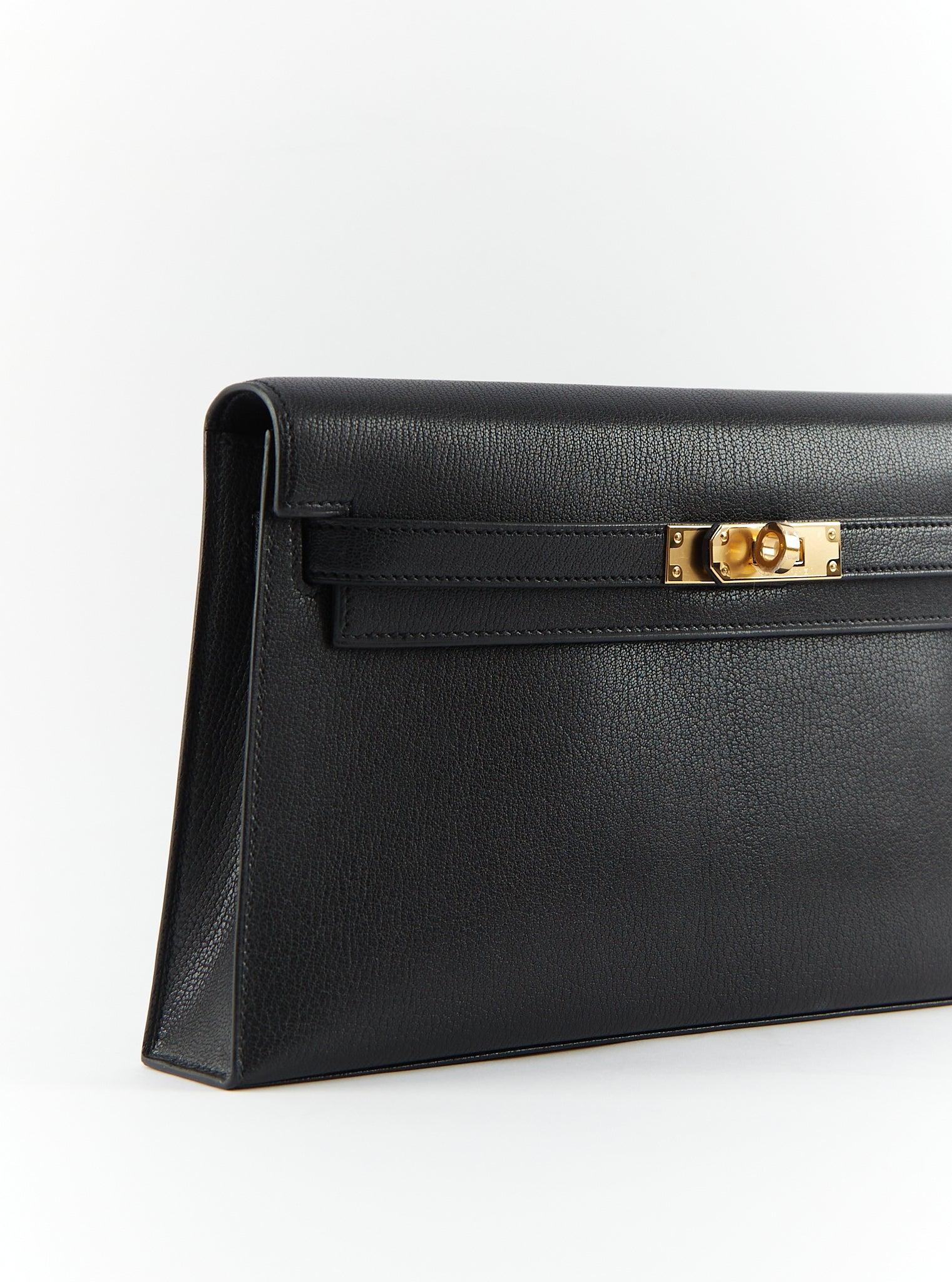 HERMÈS KELLY ELAN BLACK Chevre Chamkilla Leather with Gold Hardware In Excellent Condition In London, GB