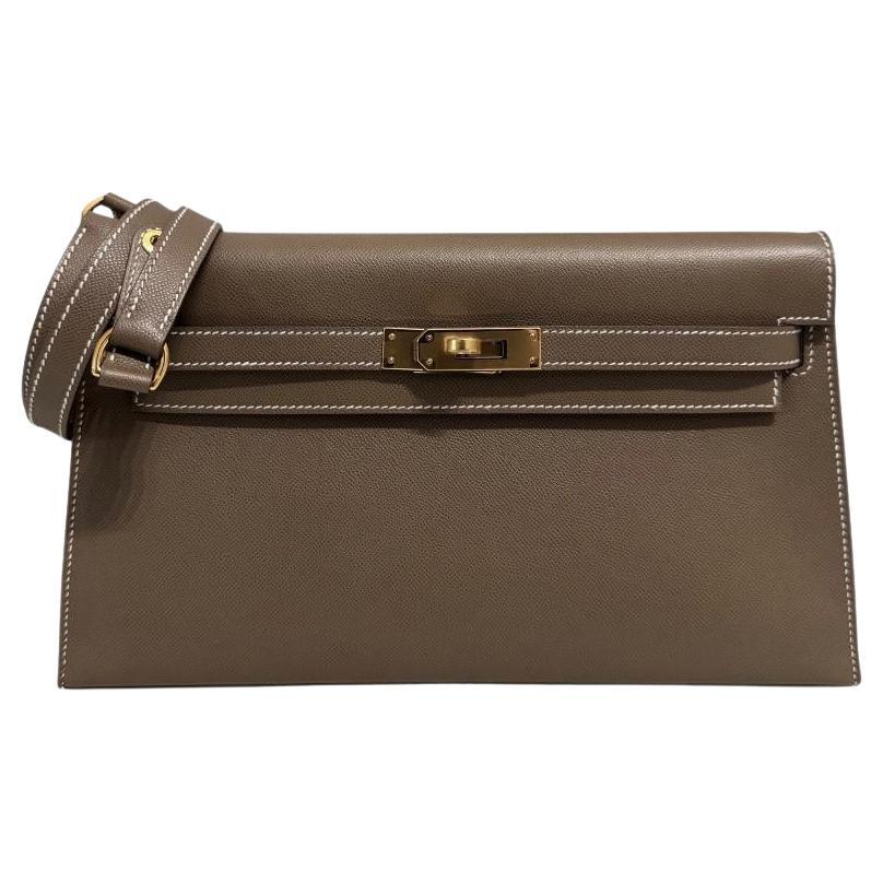 Hermès Kelly Elan Etoupe Gray Madame Leather Gold Hardware Clutch Shoulder Bag
