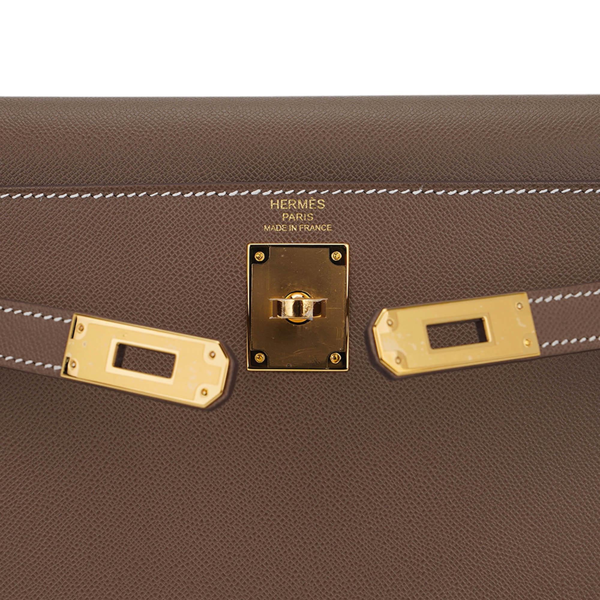 Hermes Kelly Elan Etoupe Veau Madame Leather with Gold Hardware For Sale 1