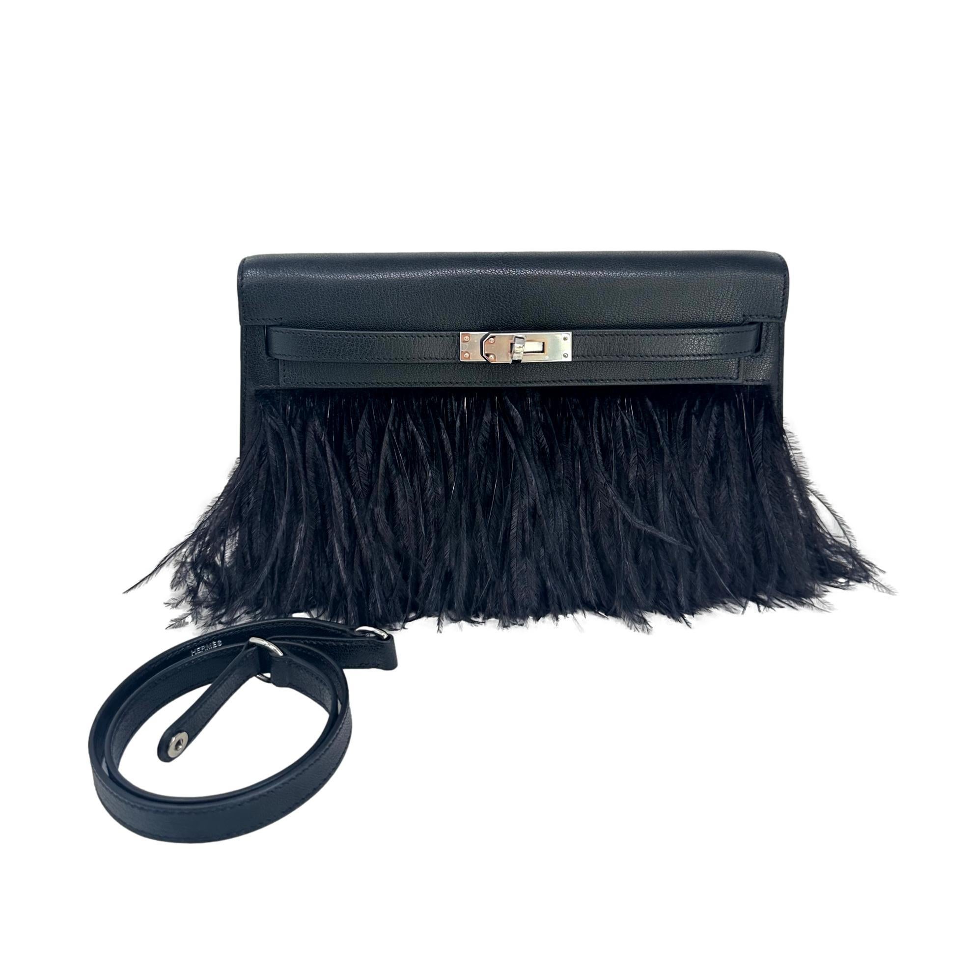 HERMES Kelly Elan Folie Black Ostrich Feather & Chèvre Leather Bag PHW - BNIB In New Condition For Sale In Los Angeles, CA