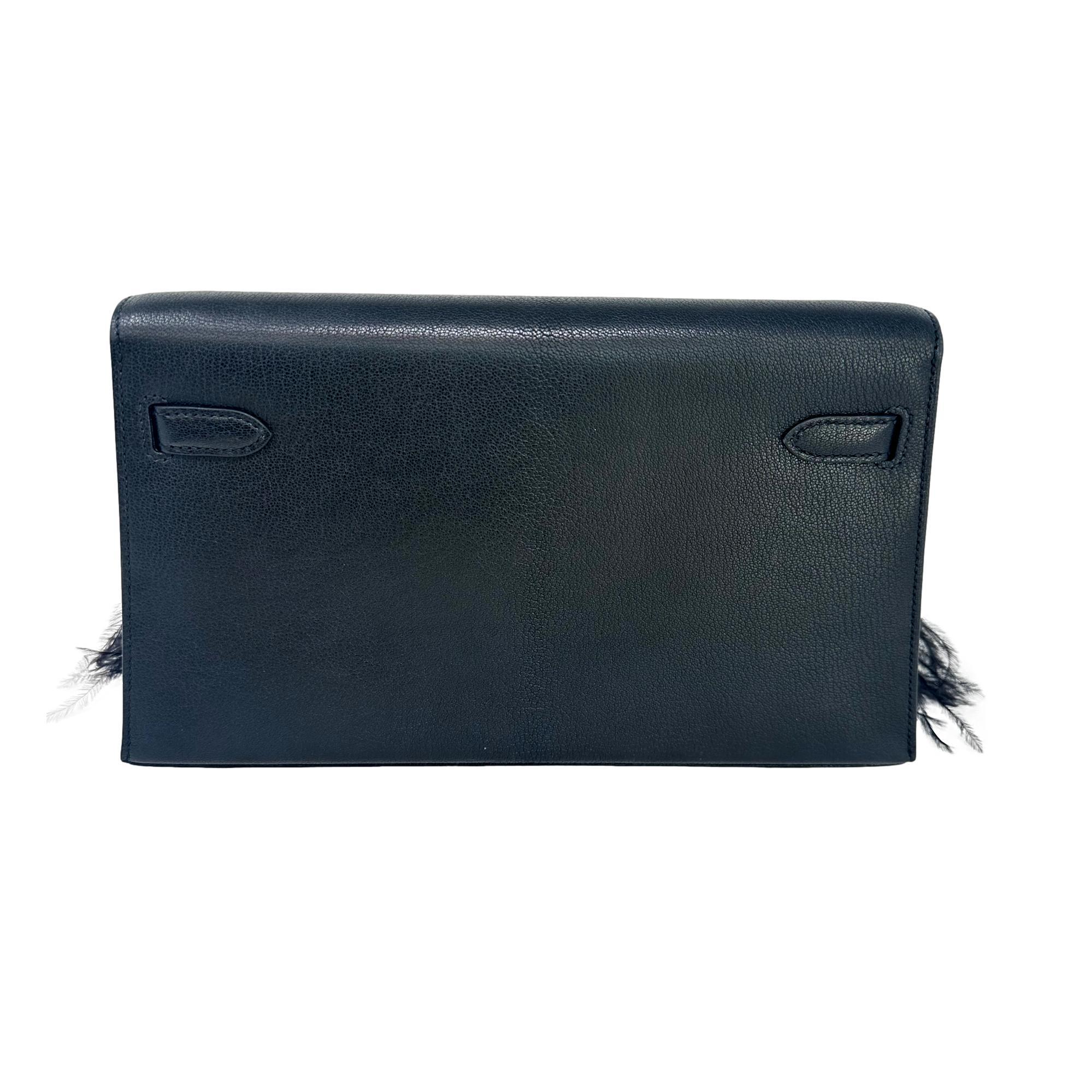 Women's or Men's HERMES Kelly Elan Folie Black Ostrich Feather & Chèvre Leather Bag PHW - BNIB For Sale