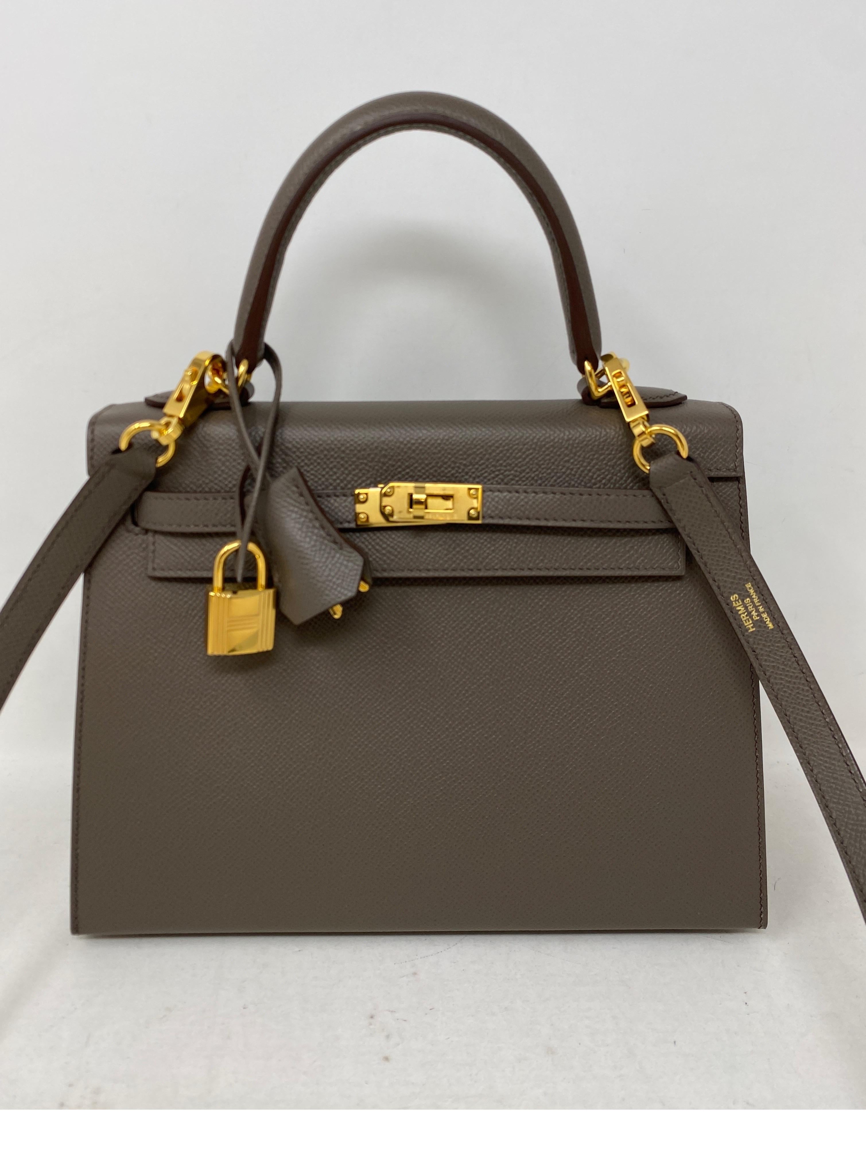 Hermes Kelly Etain 25 Bag. Gold hardware. Epsom leather sellier. The most wanted size and color. New Kelly bag. Small size Kelly is very hard to get. Includes clochette, lock, keys, and dust bag. Guaranteed authentic. 