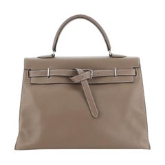 Hermes Kelly Flat Handbag Etoupe Swift With Palladium Hardware 35