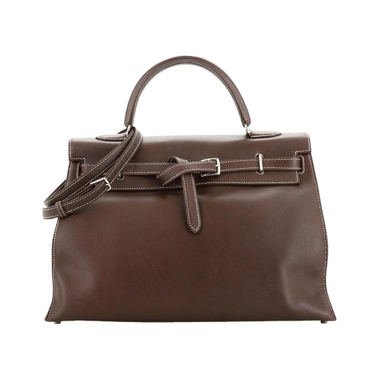 Hermes Kelly Flat Handbag Havane Swift with Palladium Hardware 35 For Sale at 1stdibs