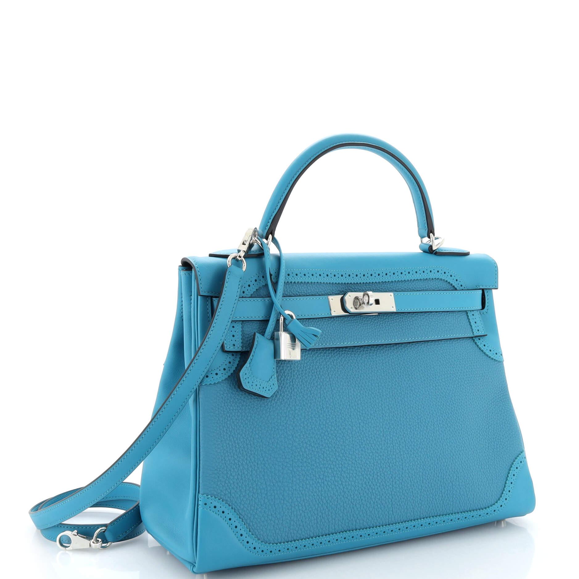 Hermes Kelly Ghillies Handbag Turquoise Togo and Swift with Palladium Hardware In Good Condition In NY, NY