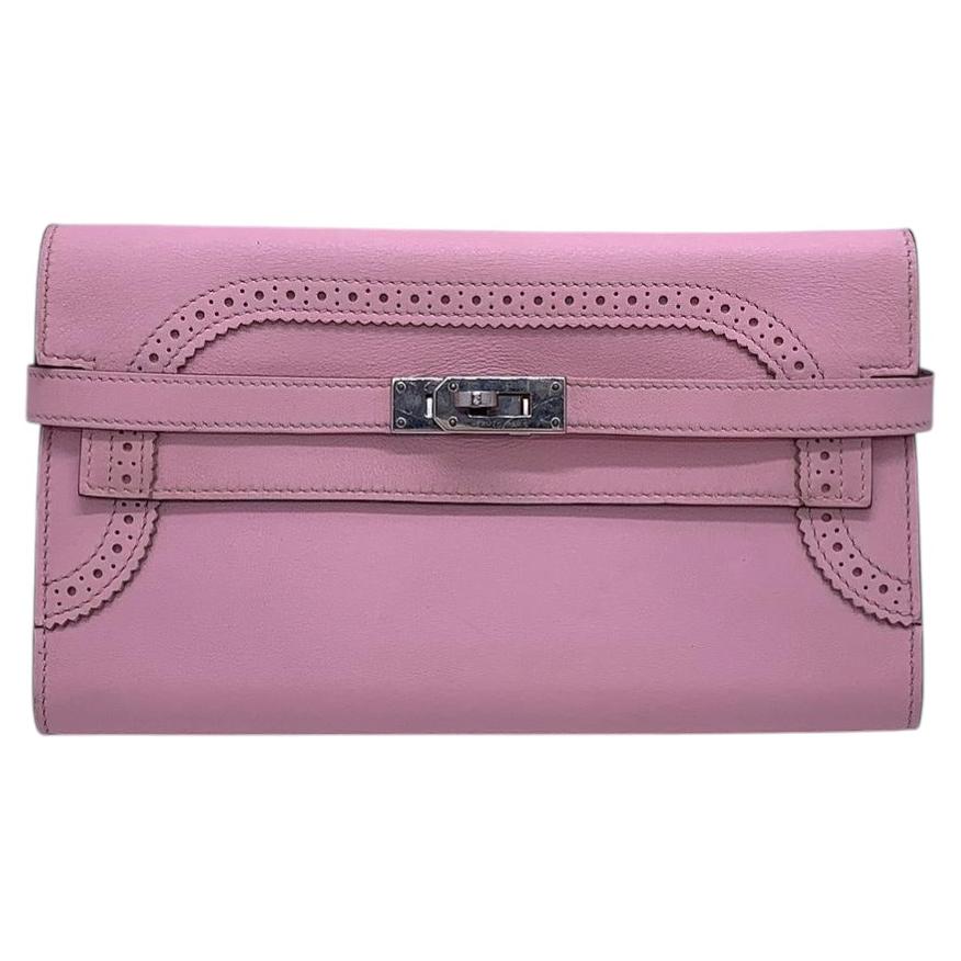 Hermes Kelly Ghillies Long Wallet Pink Swift Leather Silver Clasp Stamp X 2016